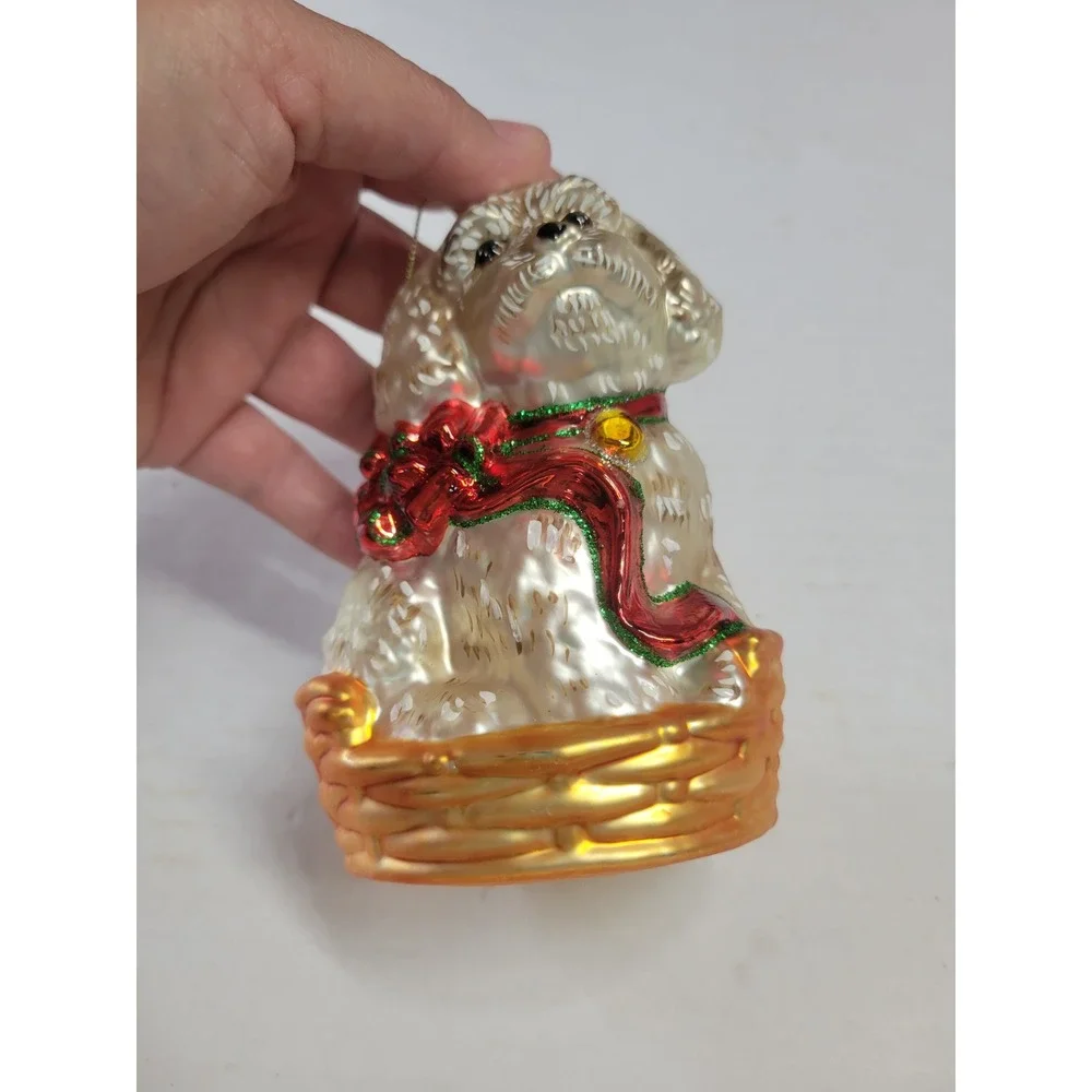 Champagne‎ Glass Dog in Basket Christmas Ornament Poodle Doodle Red Scarf 4.5